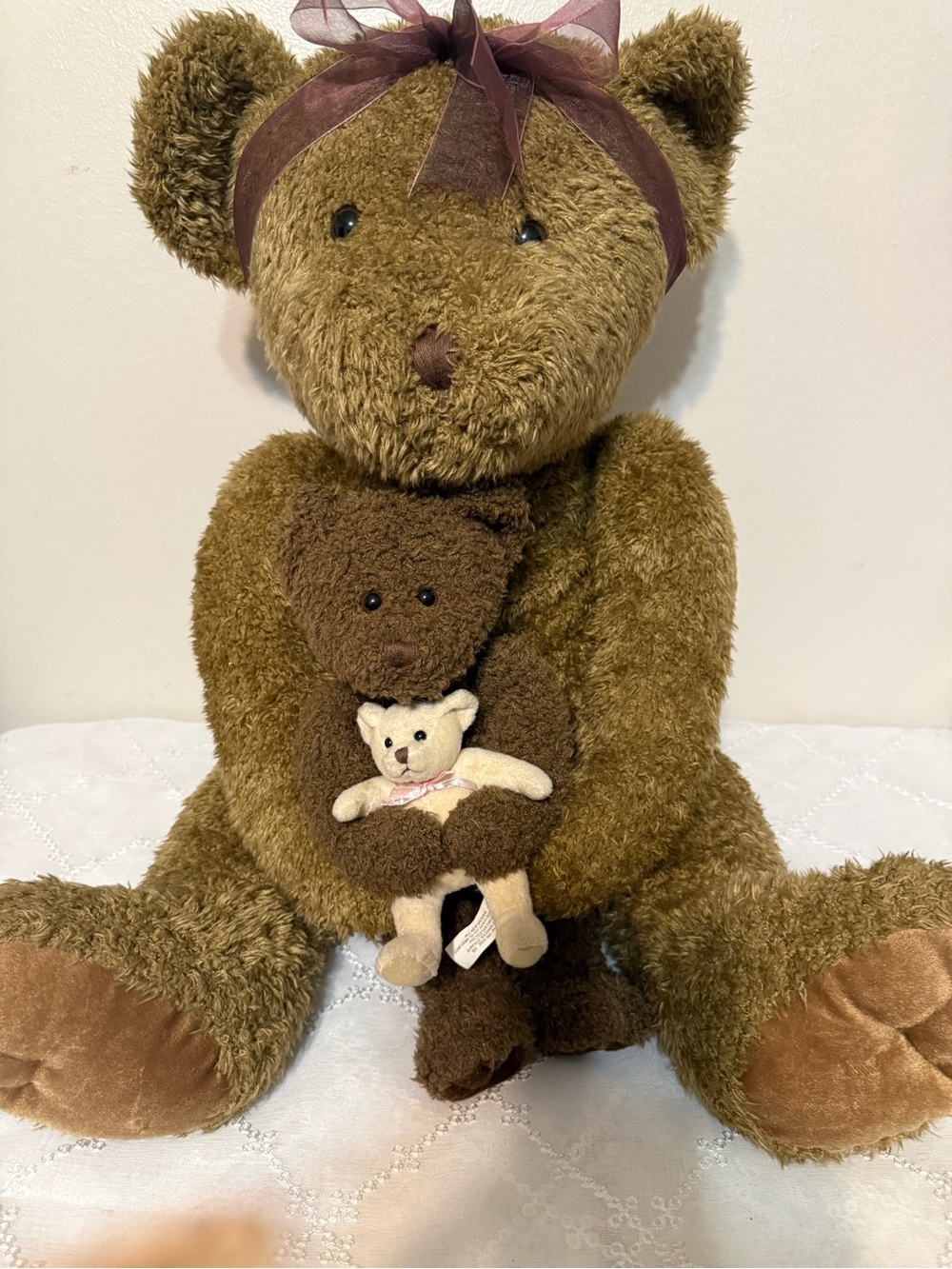 Russ Berrie Brown Bear Trio Plush with Ribbon Bow